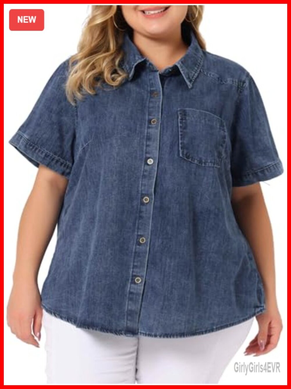 Women Plus Size 100% Cotton Short Sleeve Button Down Denim Shirt